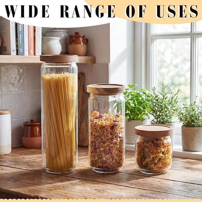 SiliFine 12 Set Glass Pantry Storage Jar with Acacia Airtight Lid 3 Size Glass Storage Container Jar for Pasta Spaghetti Cereal Coffee Bean Flour Sugar Rice, 17oz, 35oz, 53oz (Wood Lid) - Image 3