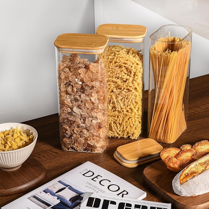 D2scrma 71oz Rectangle Airtight Glass Storage Containers with Bamboo Lids (Set of 4), Square Food Storage Jar, Pantry Organizers for Sugar, Flour, Spaghetti and Coffee beans (‎with Black Lable) - Image 6