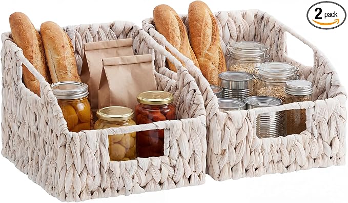 StorageWorks Pantry Baskets for Organizing, White Wicker Baskets, 2-Pack | Water Hyacinth Pantry Baskets for Organizing, Wicker Baskets with Handles, Woven Baskets for Pantry Storage, White Baskets by StorageWorks
