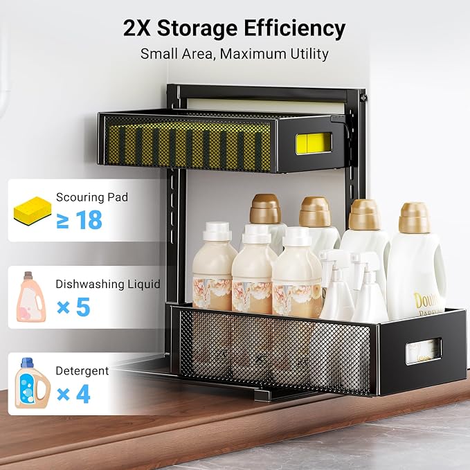 TISTAYA Under Sink Organizer, Metal Under Sink Organizers and Storage, Slide Out Pull Out Cabinet Organizer for Kitchen, Bathroom, Pantry, Laundry, Study, Black - Image 7