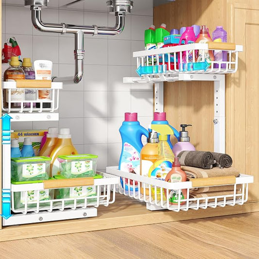 2 Pack Under Sink Organizer, Pull Out Cabinet Organizers, Adjustable Height 2-Tier Metal Slide Out Shelf for Bathroom Under Counter Storage, Kitchen Pantry Laundry Organization Rack, White by Unknown