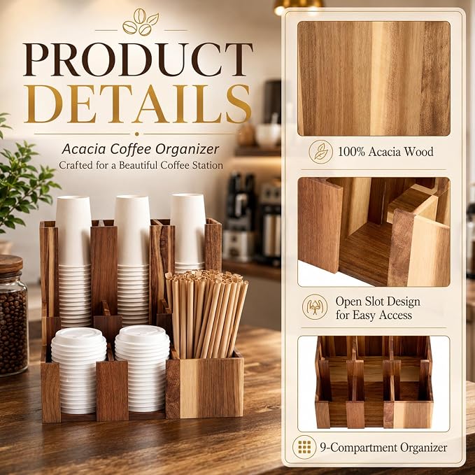CroBlissful Acacia Vertical Coffee Cup and Lid Dispenser, Coffee Condiment Organizer, 9 Compartment for Disposable Paper & Plastic Cup, for Cabinet Station Home Countertop Bar 13''L x 13''W x 12''H - Image 3
