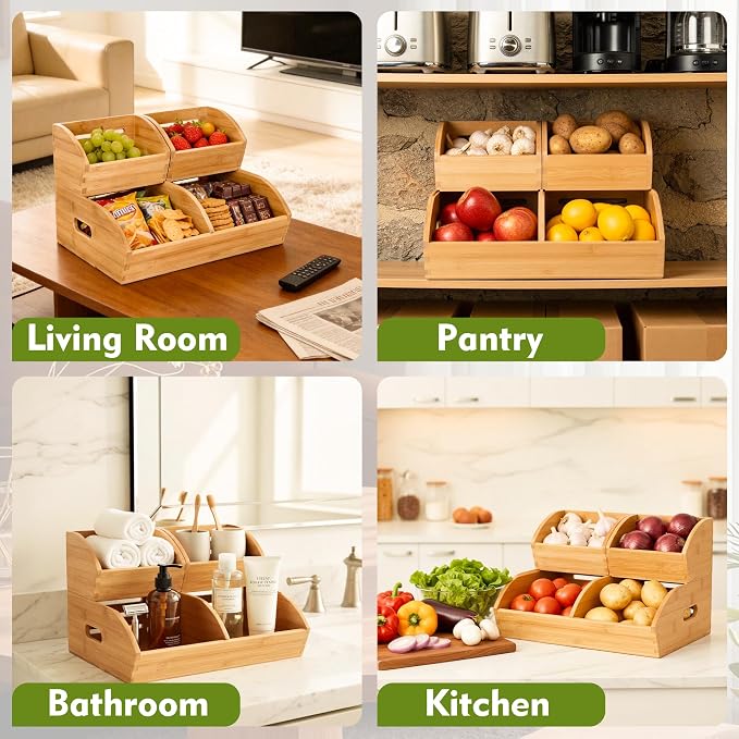 Stackable Bamboo Produce Storage Bin with Ventilation & Handles | 3 Pack, Natural Bamboo Finish, Stores Potato, Onion, Bread, Veggies & Fruits, Ideal For Kitchen Pantry & Home Cabinet Storage - Image 4