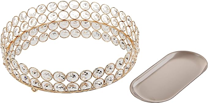 Crystal Decorative Tray Metal Mirrored Perfume Cosmetic Organizer Jewelry Trinket Display Storage Vanity Trays Home Décor Accents Luxury Gift (Round, 10in, Gold) by Lindlemann