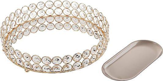 Crystal Decorative Tray Metal Mirrored Perfume Cosmetic Organizer Jewelry Trinket Display Storage Vanity Trays Home Décor Accents Luxury Gift (Round, 10in, Gold) by Lindlemann