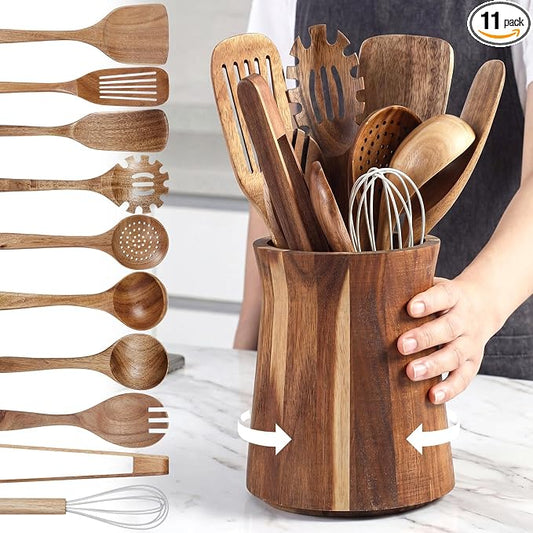 SiliFine 11 Pcs Wooden Kitchen Utensils Set with 360° Trumpet Rotating Holder Acacia Wood Cooking Utensils with Holder Cooking Spoons Spatulas for Nonstick Cookware Countertop Kitchen (Natural) by SiliFine