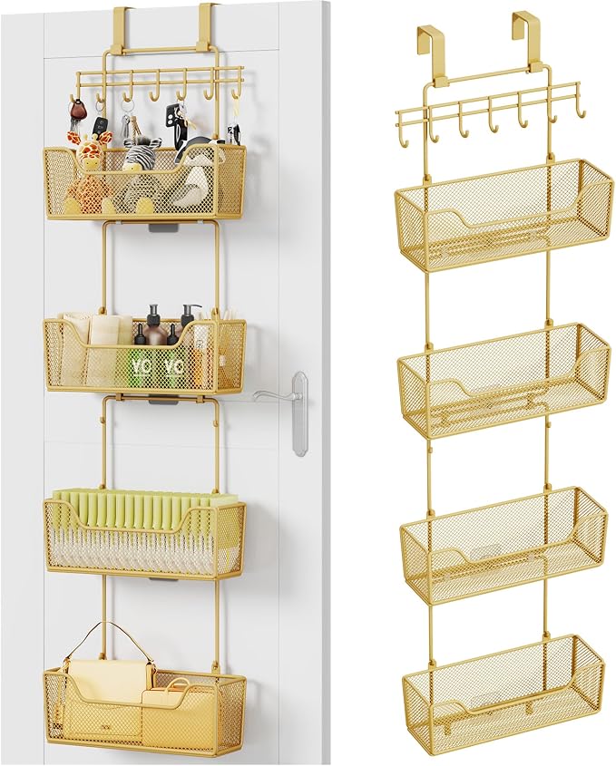 HapiRm Over The Door Organizer - Hanging Door Organizer with 4 Metal Large Capacity Baskets and Adjustable Coat Hook for Bathroom Bedroom Kitchen Pantry Closet Cabinet by HapiRm