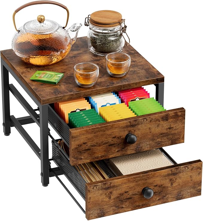 Plaviya Wood Tea Bag Organizer with 2 Drawers for Countertop | Tea Bag Holder and Storage, 9 Compartments, Utility, Home, Kitchen, Office, Rustic Brown by Plaviya