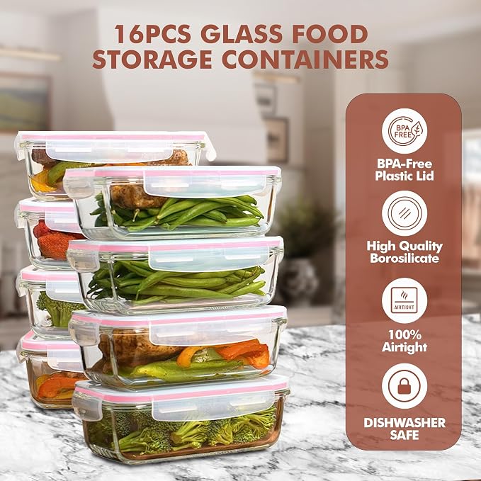 Razab 16 Pc (Set of 8) 30 Oz Glass Meal Prep Containers with Lids, Airtight Large Glass Food Storage Containers, Reusable Leak Proof BPA Free, Freezer to Oven and Dishwasher Safe - Image 6