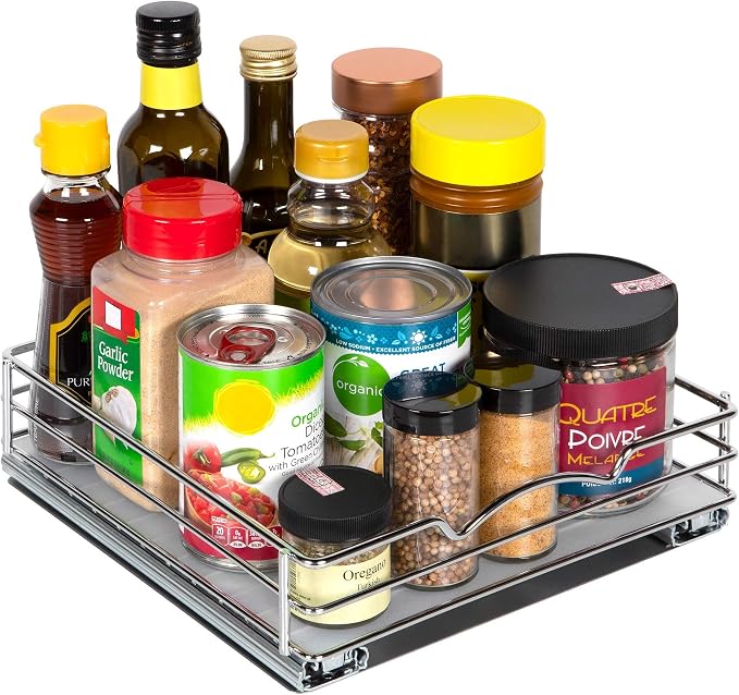 Pull-Out Cabinet Spice Rack Organizer, 10 ⅜"W x 10 ⅜"D x 2 ¾"H | Slim Slide-Out Storage for Spices, Bottles & Jars, Premium Heavy-Duty Steel, Easy Install for Narrow Kitchen Cabinets, Chrome by HOLDN%E2%80%99STORAGE