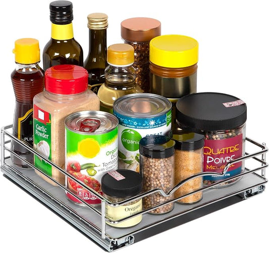 Pull-Out Cabinet Spice Rack Organizer, 10 ⅜"W x 10 ⅜"D x 2 ¾"H | Slim Slide-Out Storage for Spices, Bottles & Jars, Premium Heavy-Duty Steel, Easy Install for Narrow Kitchen Cabinets, Chrome by HOLDN%E2%80%99STORAGE