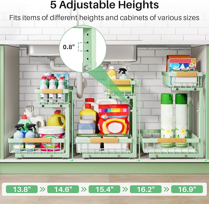 Kitstorack Under Sink Organizer, 2 Tier Under the Sink Storage, Slide out Pull out Cabinet Organizer Shelf, Metal Sliding Drawer for Kitchen Bathroom Pantry Closet Organization Rack, Green, 1 Pack - Image 4