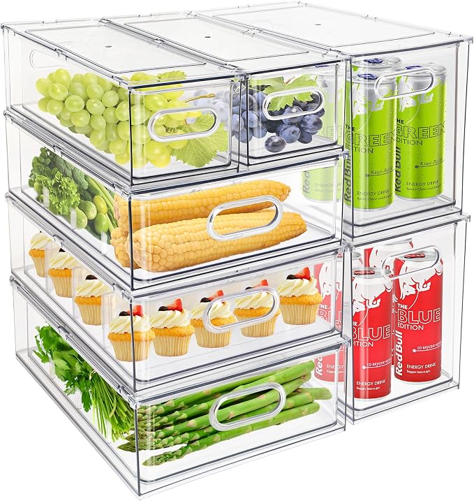 7Pack Clear Fridge Drawer Organizer Pull out Bins Stackable Refrigerator Organizer Bins with Handle for Kitchen Cabinet Organization Divided Produce Saver Container for Fruit Veggie Egg by Eanpet