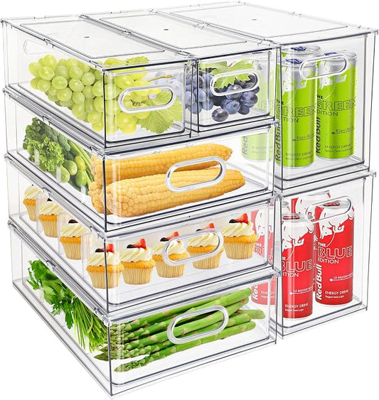 7Pack Clear Fridge Drawer Organizer Pull out Bins Stackable Refrigerator Organizer Bins with Handle for Kitchen Cabinet Organization Divided Produce Saver Container for Fruit Veggie Egg by Eanpet