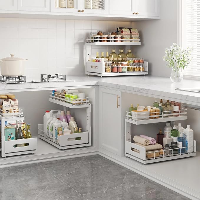 Under Sink Organizer Upgrade To Professional Rails,2-Tier Dual Pull Out Cabinet Storage,Height Adjustable Slide Out Drawers For Bathroom Kitchen,2 Pack-16.7"Dx12.8"-16.9"H,White - Image 7