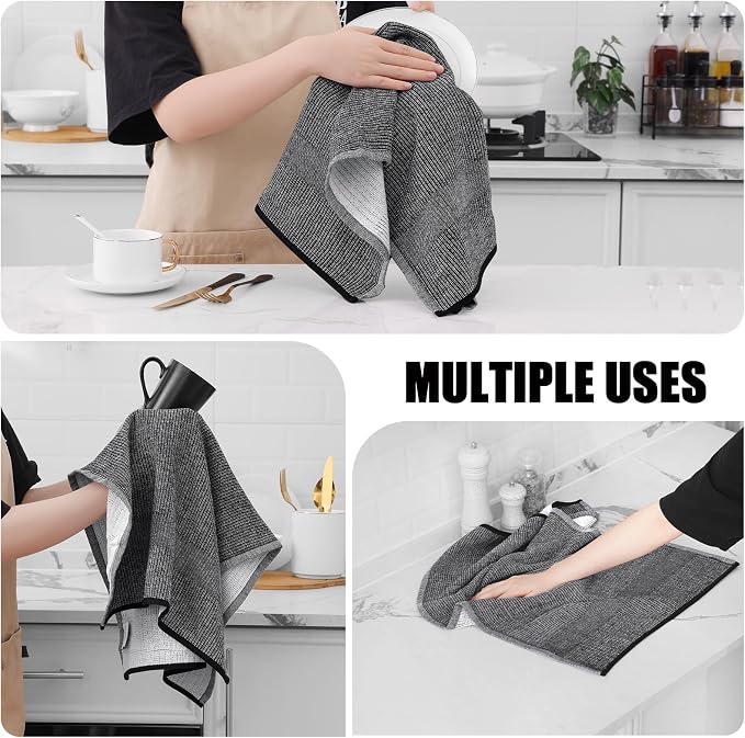 Homaxy 380 GSM Cotton Premium Kitchen Towels 12 Pack, 18"x 28", Black | Flat and Terry Dish Towels, Highly Absorbent Tea Towel Set with Hanging Loop, Soft Utility Kitchen Hand Towels - Image 4