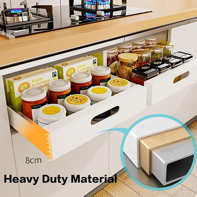 2 Pack Pull Out Cabinet Organizer Adhesive, 10" Wide 16.9" Deep Pull out Drawers for Face Frame or Frameless Cabinets, No Drill Heavy Duty Carbon Steel Drawer, Pantry Cabinet Shelf - Image 4