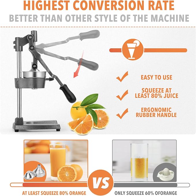 19 Inch Height Extra Tall Commercial Heavy Duty Cast Iron Hand Press Manual Orange Citrus Lemon Lime Grapefruit Pomegranate Fruit Juice Squeezer Machine with Stainless Steel Cup Grey - Image 3