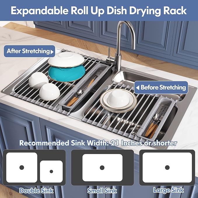 JASIWAY Roll Up Dish Drying Rack for Kitchen Sink with Utensil Holder | Foldable Expandable Stainless Steel Over Sink Dish Drainer, Silicone Wrapped, Multipurpose Portable Sink Drying Mat, Gray - Image 4
