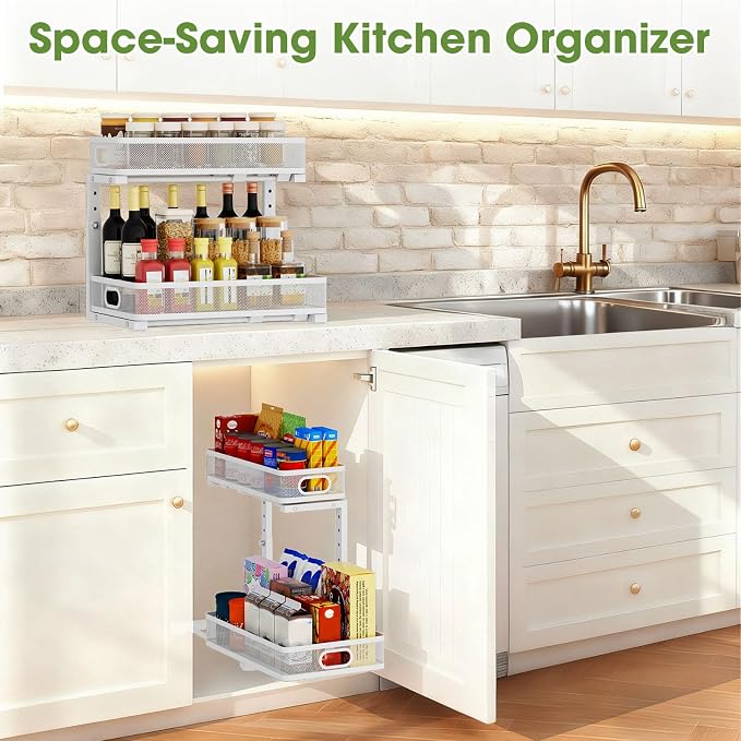 Under Sink Organizer 2-Pack, Metal 2-Tier Pull-Out Cabinet Shelf with Slide-Out Mesh Drawers, Height Adjustable, Space-Saving Under Sink Storage Racks for Kitchen, Bathroom, Laundry Room, White - Image 9