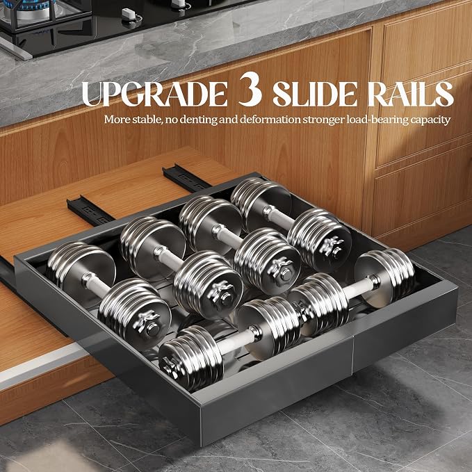 Seinloes 4 Pack Expandable Pull Out Cabinet Organizer 21"Deep With Raising Pad for Framed Cabinets,Upgrade 3 Slide Rails Slide Out Drawers,No Drill Roll Out Shelves,Adjustable Width 12.1"-20.4" Black - Image 5
