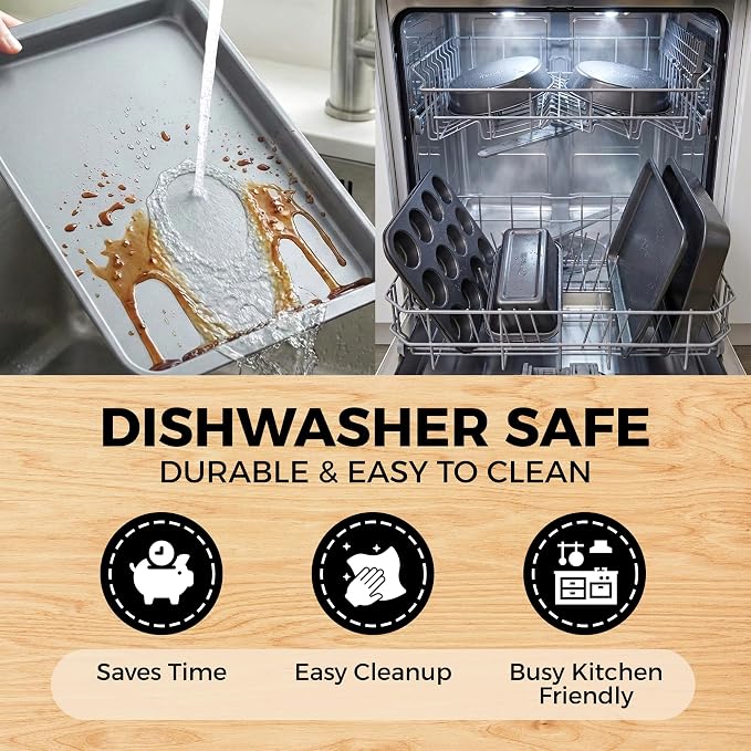 Non-Stick 6-Piece Bakeware Set – Carbon Steel with Even Heat Distribution, Oven Safe to 446°F, BPA-Free, Dishwasher Safe, Stackable Baking Tools for Easy Storage and Everyday Cooking - Gray - Image 4