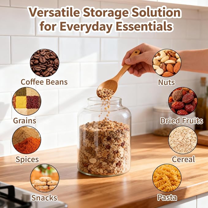 2 PCS Large Glass Food Storage Jars with Airtight Lids, 4.2 Qt Wide Mouth Glass Canister Set for Pantry, Rice, Flour, Sugar, Cereal & Coffee - Image 5