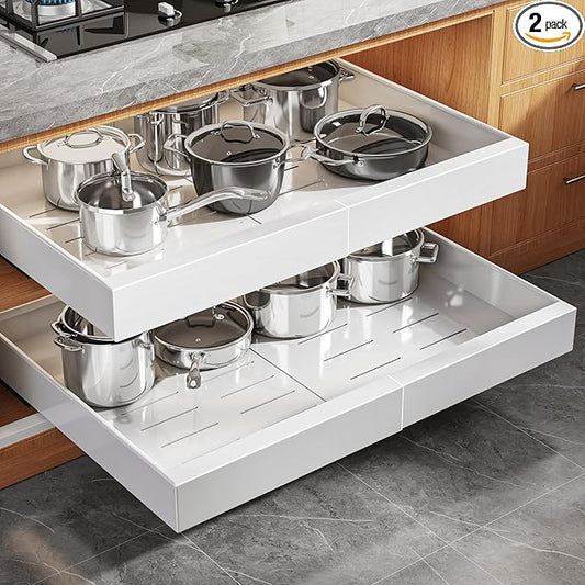 Seinloes 2 Pack Pull Out Cabinet Organizer for Wide Cabinets,Expandable 15.1"-26.3" Width,21" Deep Slide Out Drawers With Raising Pad for Framed Cabinets,3 Slide Rails,No Drill Roll Out Shelves,White by Seinloes