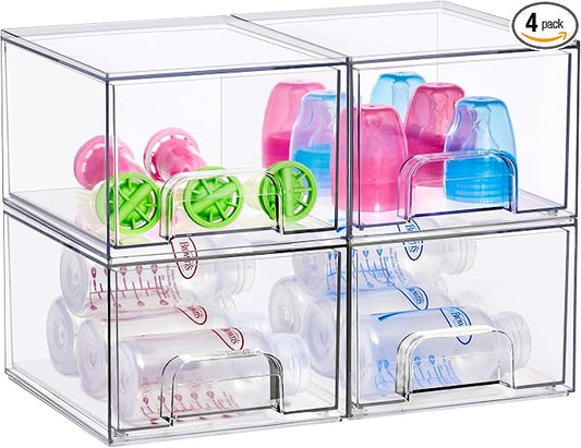 Sorbus Clear Stackable Baby Bottle Organizer Bins – 4 Pack Modular Plastic Storage Containers for Baby Bottles, Nipples, Caps, Pacifiers, Pantry, Kitchen, Cabinet, Nursery & Countertop Organization by Sorbus