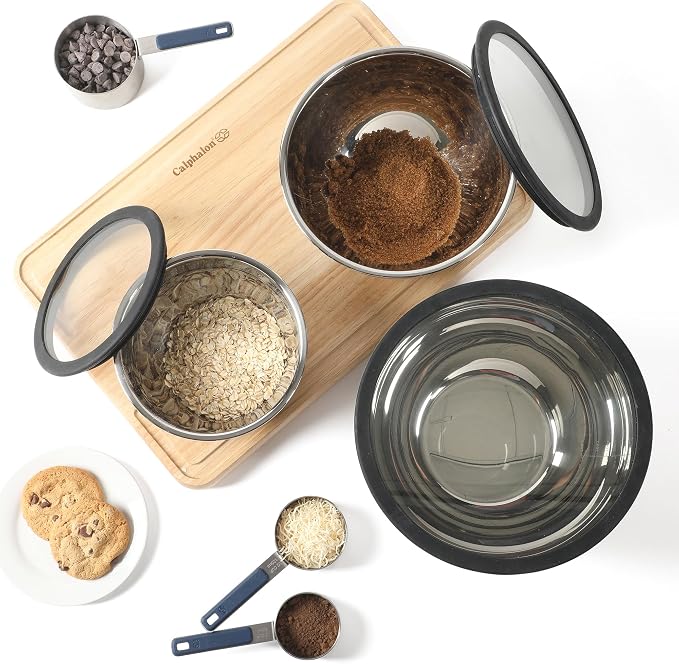 Calphalon Mixing Bowl Set, Stainless Steel Mixing Bowls With Lids, 3-Piece Stainless Steel Mixing Bowls with Glass Lids & Non-Slip Silicone Base, Prep and Storage Bowls Dishwasher Safe - Image 9