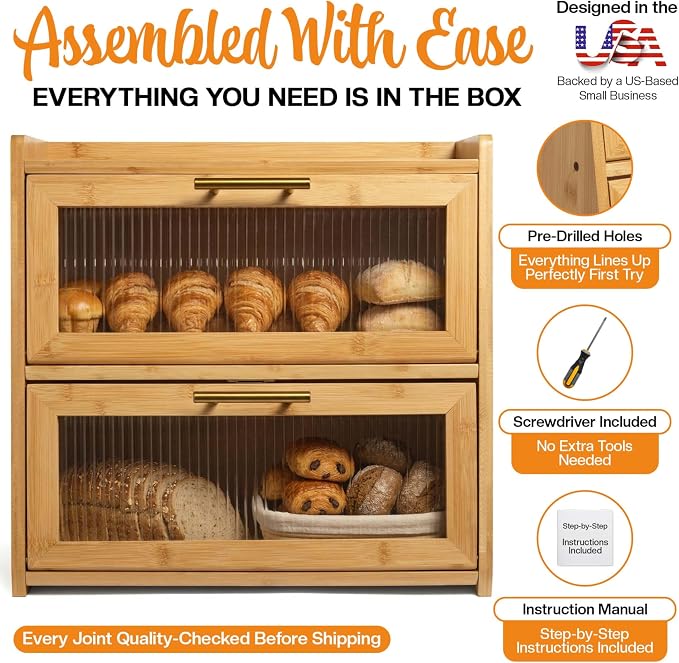 Extra Large Bamboo Bread Box for Kitchen Countertop, Double Layer Wooden Breadbox Holds Multiple Loaves of Homemade Bread, 16.5 Inch Storage Container with Frosted Acrylic Windows - Image 5
