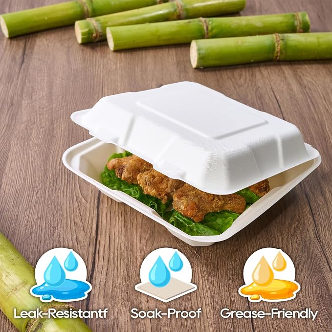 Turbo Bee 100 Pack 8x8inch White Compostable Take Out Containers with Lids, Disposable Clamshell Food Containers, Large To Go Boxes for Restaurant, Catering, Meal Prep & Food Service-White - Image 3