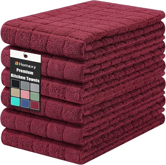 Homaxy Premium Ring Spun Cotton 390 GSM Kitchen Towels, 6 Pack, Red | 16" x 28" Large Dish Towels, Super Absorbent Terry Hand Towels, Soft Tea Towels with Hanging Loops by Homaxy