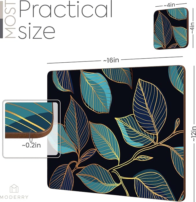Set of 4 Heat Resistant Cork Placemats for Dining Table with Free Set of 4 Matching Drink Coasters Sage Green Marble Design 16 x 12 Inches Cork Backed Hard Placemats (Blue Gold Botanical) - Image 7