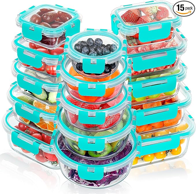VERONES 30 Pieces Glass Food Storage Containers Set with Lids, Green | Stackable Glass Meal Prep Containers Set with Lids, Airtight Lunch Containers, for Microwave, Oven, Freezer & Dishwasher by VERONES