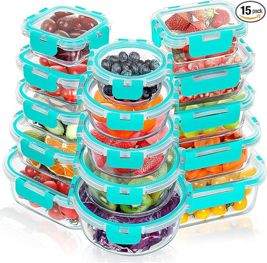 VERONES 30 Pieces Glass Food Storage Containers Set with Lids, Green | Stackable Glass Meal Prep Containers Set with Lids, Airtight Lunch Containers, for Microwave, Oven, Freezer & Dishwasher by VERONES