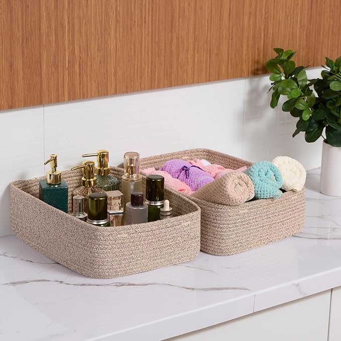 MiniArk Large Shallow Organizing Baskets 15x11x5.1 Inches - Rope Woven Storage Bins for Bathroom, Shelves, Cube Closet, Mixed Brown 4 Packs - Image 6