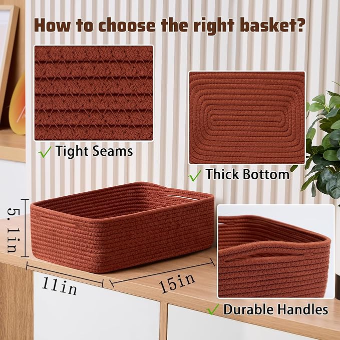 MiniArk Large Shallow Organizing Baskets 15x11x5.1 Inches - Rope Woven Storage Bins for Bathroom, Shelves, Cube Closet, Red 3 Packs - Image 2