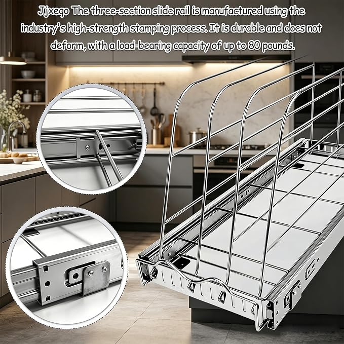 Pull Out Baking Pan Organizer for Cabinet, Cookie Sheet, Cutting Board, Tray Organizer for Cabinet, Adjustable, 22.5"D x11"H x 9"W, Pull/Slide Out Organizer-Heavy Duty, Chrome steel, 50-Year Warranty - Image 3