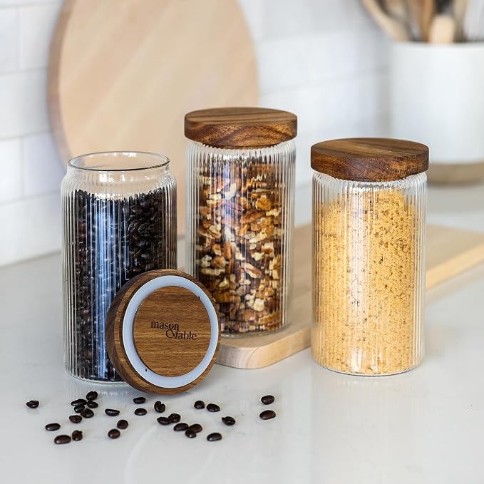 Mason & Fable Ribbed Glass Jars with Wooden Lid 27 fl oz- Set of 3 | Airtight Fluted Storage Container for Pasta, Coffee, Candy, Dog Treats, Snacks | Glass Organization Canisters for Home & Kitchen - Image 3