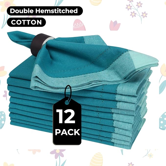 Bedding Craft Cotton Cloth Dinner Napkins Set of 12 – 20x20 Teal Multi Double Hemstitched – Machine Washable Reusable Fabric Napkins for Weddings & Dinner Tables - Image 2