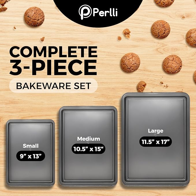Non-Stick 3-Piece Baking Pan Set – Carbon Steel with Even Heat Distribution, Oven Safe to 446°F, BPA-Free, Dishwasher Safe, Stackable Baking Tools for Easy Storage and Everyday Cooking - Gray - Image 2