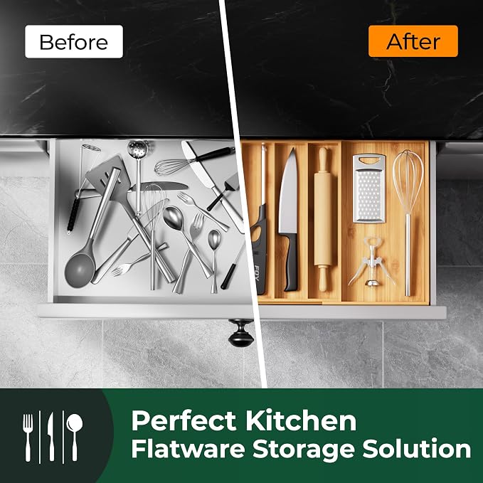 Large Silverware Organizer, 11 Slots Magnetic Connected Expandable Acacia Wood Utensil Drawer Organizer From 21 to 37.4 Inches, Adjustable Flatware and Cutlery Holder, Utensil Tray for Kitchen - Image 7