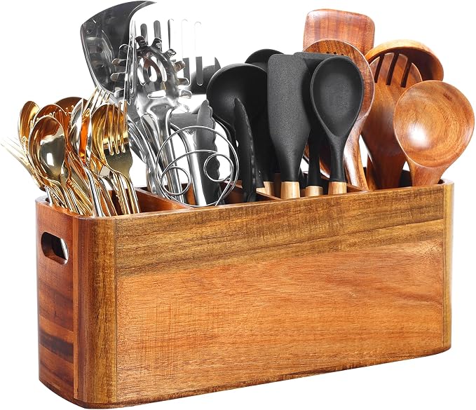Kitchen Utensil Holder for Counter or Countertop, Extra Large Acacia Wood Organizer with 4 Compartments, Wooden Storage for Cooking and Silverware, Rustic Minimalist Decor, Sturdy Utensil Crock by Rodelna