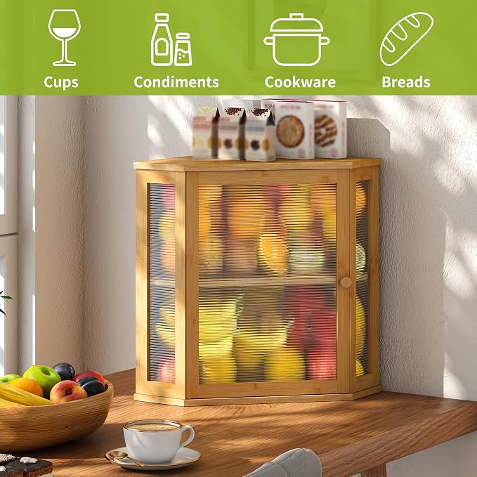 BMOSU Corner Bread Box for Kitchen Countertop Double Layer Bamboo Wooden Bread box Large Capacity Bread Storage Bin(Natural, Extra Large) - Image 6