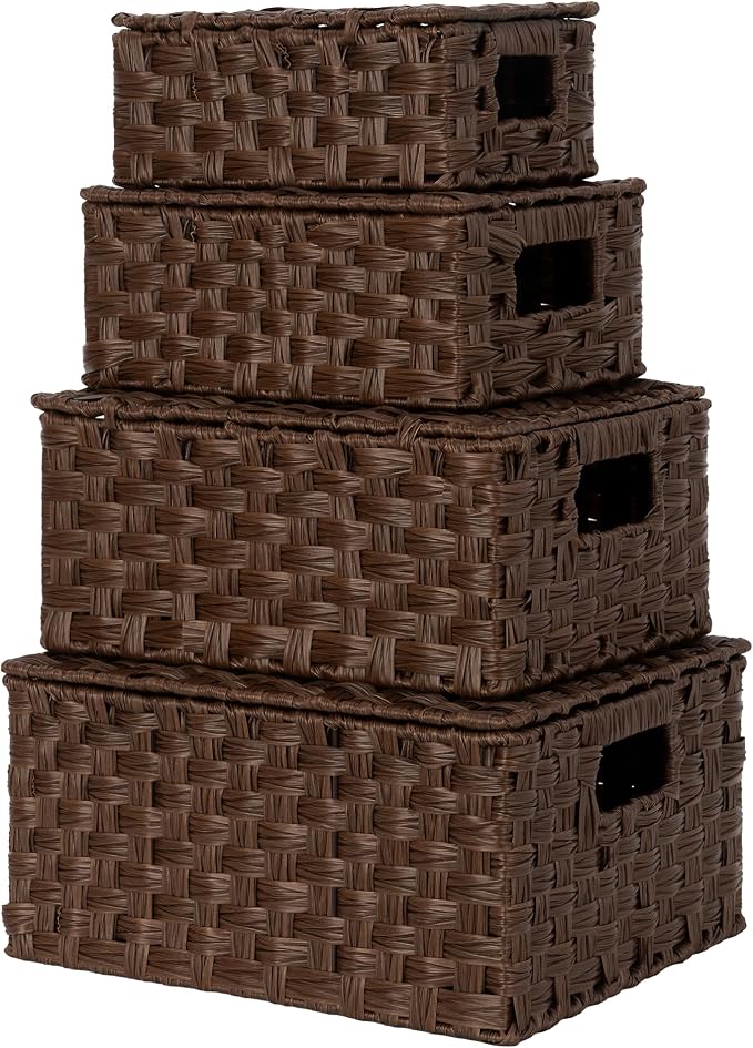 Granny Says Wicker Basket With Lid, Decorative Storage Baskets For Shelves | Woven Baskets With Lids, Wicker Baskets For Storage, Decorative Storage Boxes, Woven Stackable Basket with Lid for Organizing by GRANNYSAYS