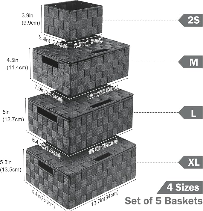 Storage Baskets with Lids: 5 Pack Stackable Woven Storage Bins, Grey | Decorative Woven Baskets for Organizing with Built-In Handles for Shelves, Closets, Cabinets and Cubbies, Gift Small Basket - Image 2