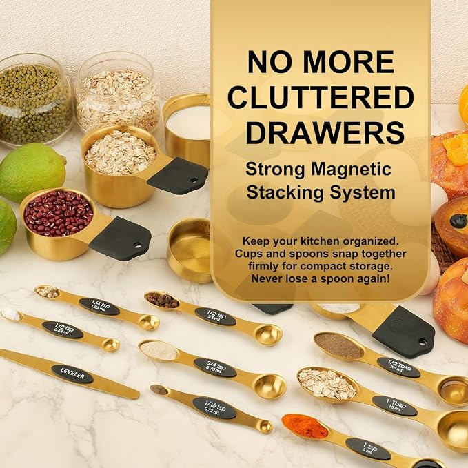 Gold Magnetic Measuring Cups & Spoons Set of 16, 7 Stainless Steel Measuring Cups, 8 Double-Sided Measuring Spoons & 1 Leveler, Premium Finish Baking Tools Kitchen Gadget for Dry & Liquid Ingredients - Image 5