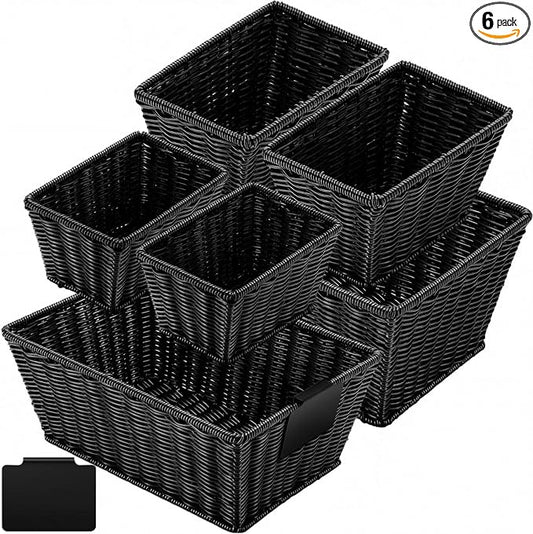 Marsui 6 Pcs Wicker Storage Baskets for Pantry Organization with Labels Handwoven Multi-size Black Wicker Storage Bins for Organizing Small Baskets Container for Shelves Closet Toilet by Marsui