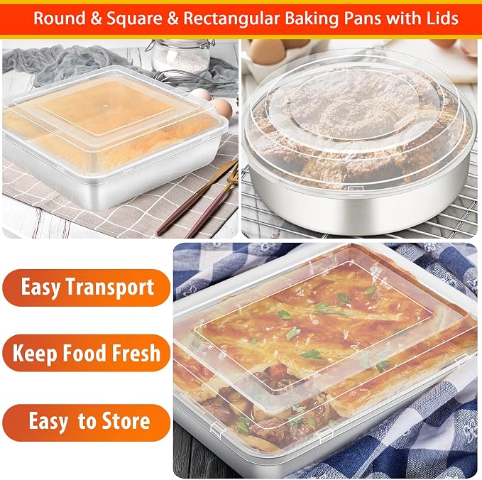 TeamFar Stainless Steel Bakeware Set of 9 | Baking Sheet with Rack, Baking Pan & Pizza Pan, Lasagna Pan with Lid, Square & Round Cake Pan with Lid, Muffin & Loaf Pan - Image 5